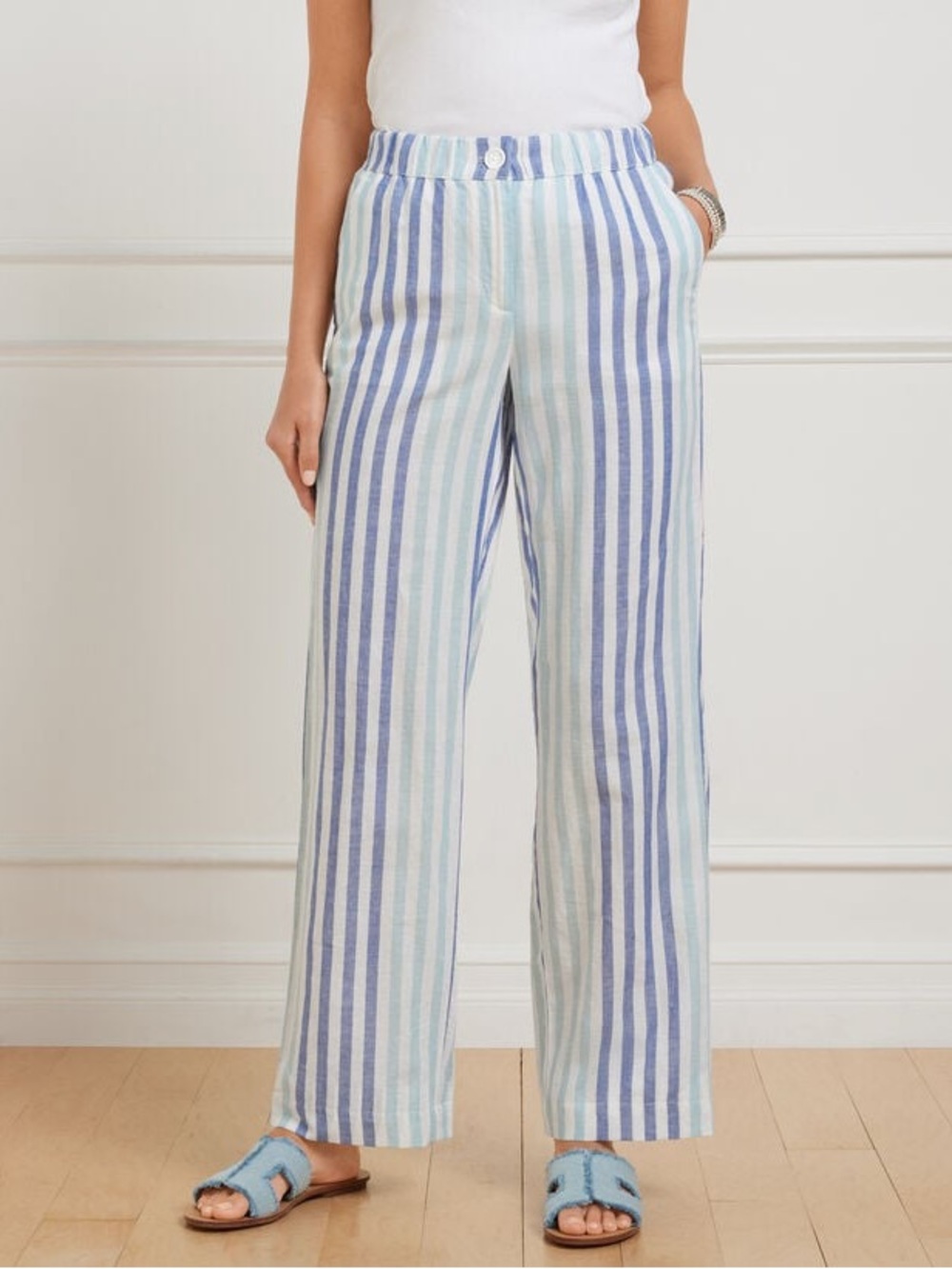 Talbots Washed Linen Cotton Blend Blue and White Stripe Wide Leg Pants 2x